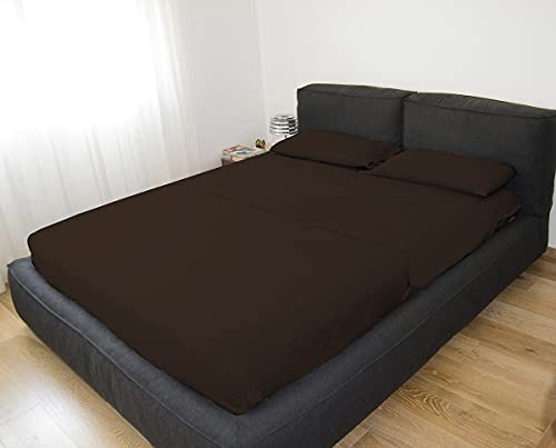 GEMITEX Double Bed Linen Set, Brown, Non-Iron, Satin Look, 100% Polyester Microfibre, Consists of 2 Flat Sheets and 2 Pillowcases, Made in Italy