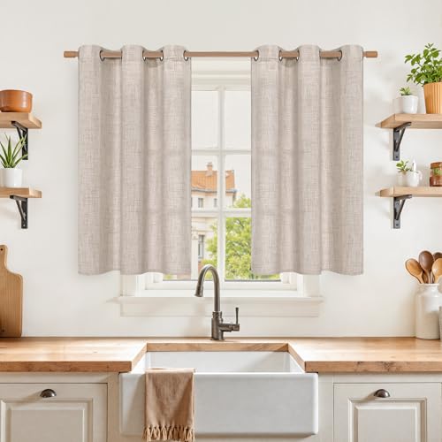 YoungsTex Linen Curtains 40 Inch Length - Natural Beige Light Filtering Drapes Textured Privacy with Bronze Grommet for Bathroom Kitchen Windows, 2 Panels, 42 X 40 Inch