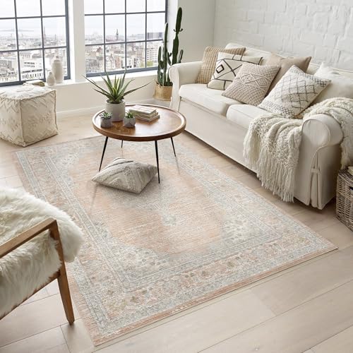 Rugs by Desire Maia Washable Living Room Area Rug – Soft Polypropylene Weaving, Low Pile, Non Slip Cotton Backing for Elegant Indoor Spaces, Coral, 120 x 180 cm (Rectangular)