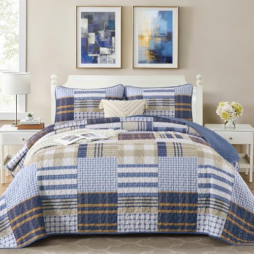 "Annibedding Blue Patchwork Quilt Set King Size,3 Pieces Plaid Striped Bedspread Coverlet Set for All Season,Reversible Lighweight Cozy Bedding Layer with Pillowcases(King,110""x90"")"
