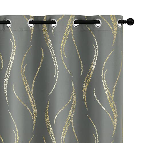 Yakamok Blackout Curtains 63 inch Length Living Room Thermal Insulated Gold Wave Line Dots Pattern Curtains Room Darkening Grommet Curtains for Bedroom, Grey, W52 x L63-inch, 2 Panels