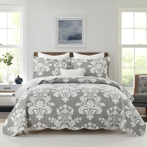 "LORRIARD 100% Cotton Farmhouse Quilt Set Queen Size, Gray & White, 90""x98"" - Farmhouse Floral Quilts Reversible Soft Bedspread Lightweight Comforter Set and 2 Pillow Shams All Season Grey/White 90x98"