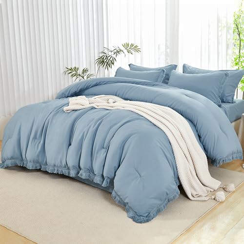 Andency Queen Comforter Set, 7 Pieces Grayish Blue Bedding - Boho Bed in a Bag, Soft Lightweight, Fringe Bed Set with Comforter(90x90), Sheets, Pillowcases & Shams