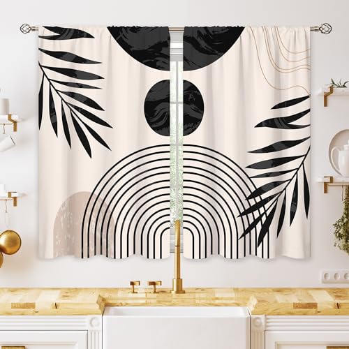 oolygoo Grey Beige Abstract Mid Century Small Kitchen Curtains Leaf Window Treatment Boho Modern Cafe Short Curtains for Bathroom Dining Room Minimalist Geometric Tier Treatment Drapes 27.5x39 inch