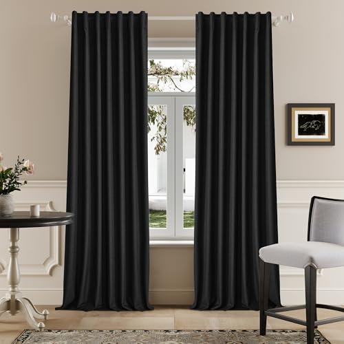 "DUALIFE Black Blackout Curtains 102 Inch Length 2 Panels Set for Living Room Bedroom Rod&Back Tab Thermal Insulated 100% Black Out Linen Burg Drapes Room Darkening Window Curtains 72"" x 102"""