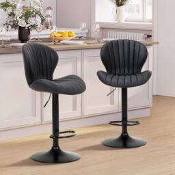 COLAMY Breakfast Bar Stools Set of 2, Modern Swivel Kitchen Bar Chairs, Adjustable PU Leather Upholstered Barstools Counter Height with High Backrest for Kitchen Island, Dining Room, Black