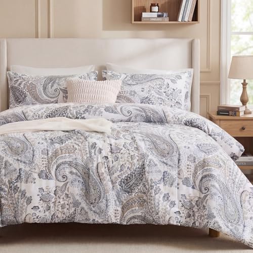 Cozaline Grey Paisley Duvet Cover King Size 100% Cotton Comforter Covers Soft & Breathable 3 Pcs Luxury Duvet Cover Sets with Zipper Closure All Season