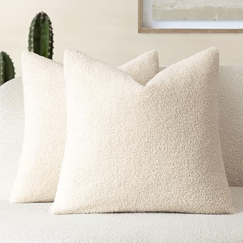 Foindtower Pack of 2, Curly Faux Fur Decorative Throw Pillow Covers Soft Fuzzy Plush Cushion Case with Zipper Cozy Pillowcase for Home Living Room Couch Bed Sofa 18 x 18 Inch,Light Ivory