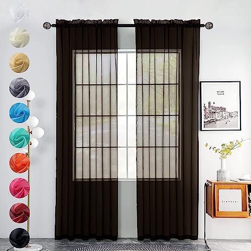 youleyar Solid Sheer Rod Pocket Curtain Voile Draperies 2 Panels White Beige Black Grey Coffee 52 Inch Width 63 Inch Long 1 Pair for Kitchen Bedroom Children Living Room Yard(Coffee,52W???63L)