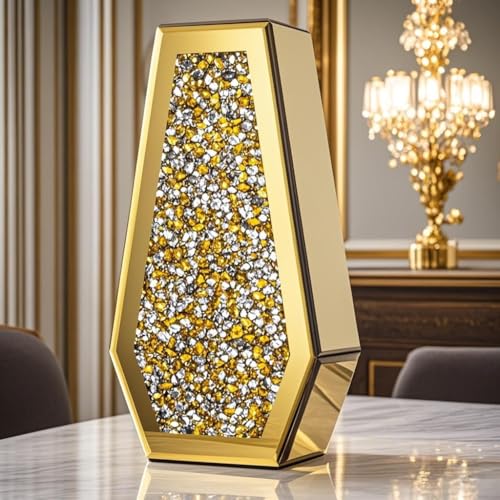 SHYFOY Gold Flower Vase Crushed Diamond Glass Vase Large Crystal Tall Vases for Centerpieces Luxurious Rhinestone Floor Vases Home Decor for Living Room Dining Room Coffee Table, Can???t Hold Water