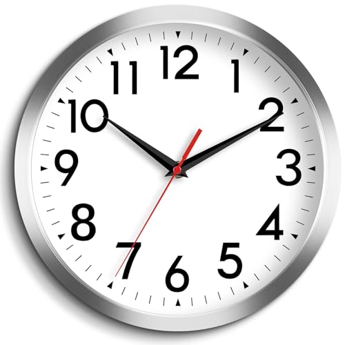 DAXSMY Wall Clock, Modern Wall Clocks Battery Operated, 10 Inch Simpel Silent Non-Ticking Clock Decorative for Kitchen, Office, Outdoor, Bedroom, Living Room, School, Classroom(Silver)