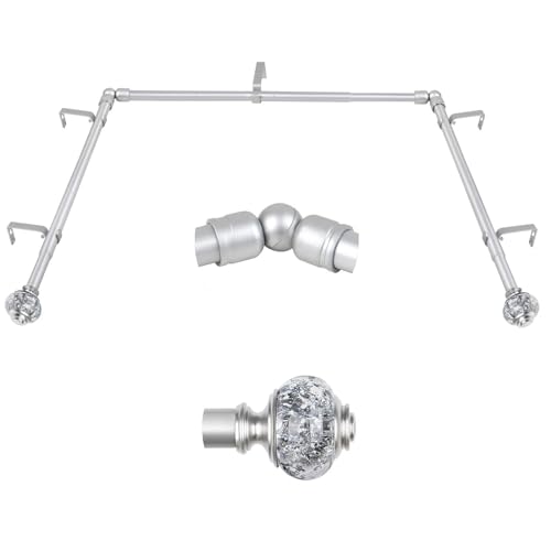 USFOOK Silver Curtain Rods for Bay Windows - 32 to 86 Inch Center Rod, 32 to 58 Inch Side Rods - Decorative Drapery Rods with Bling Finials