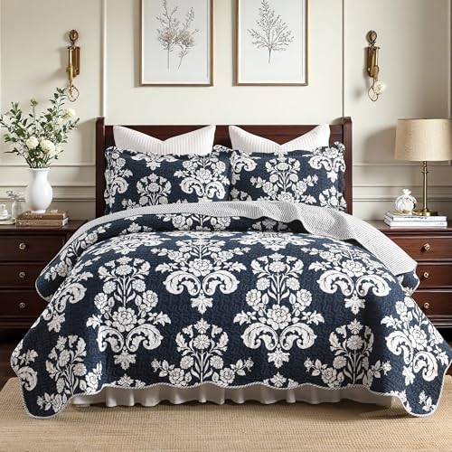 "LORRIARD 100% Cotton Farmhouse Quilt Set King Size, Navy & White, 106""x98"" - Blue Farmhouse Bedspread, Scalloped, Reversible, Soft Lightweight Comforter Set, All Season Coverlet, with 2 Pillow Shams"