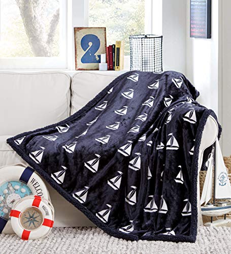 Lala + Bash Coleman Sailboat Print Sherpa Fleeced Throw Blanket, Navy, 50x60