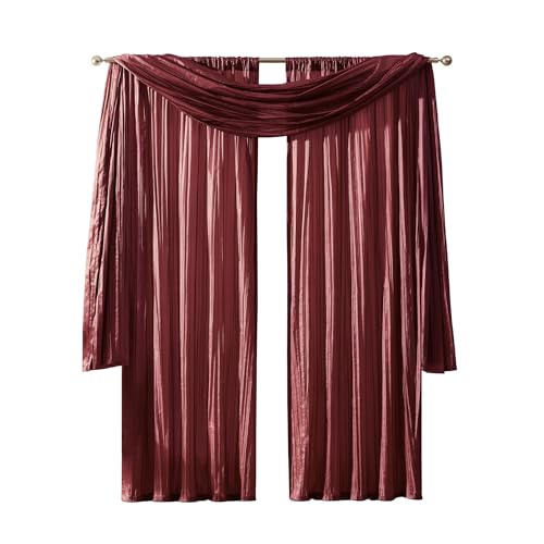 "Elrene Home Fashions Faux Silk Light Filtering Window Curtain Set and Scarf, 52"" x 95"", Red, Polyester, 52""x95"" (2 Panels) & 1 Valance"