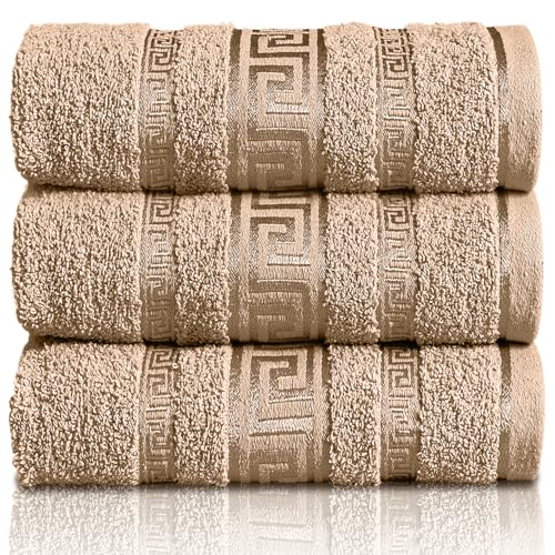 GC GAVENO CAVAILIA Greek Bath Sheet - Pack Of 3 100% Egyptian Cotton Towels Bath Sheets - Extra Large Soft Highly Absorbent Quick Dry Towel (90x150 cm) - 550 GSM Towels For Bathroom - Natural