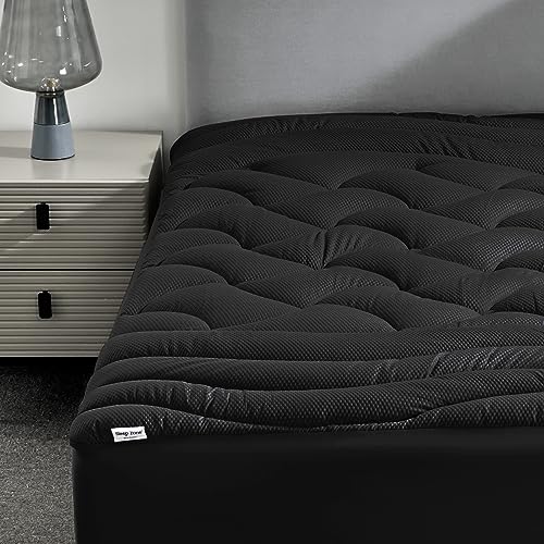 "SLEEP ZONE Cooling Mattress Topper King Size Premium Mattress Topper Padded Mattress Protector Breathable Washable Deep Pocket 8-21"" (Black, King)"