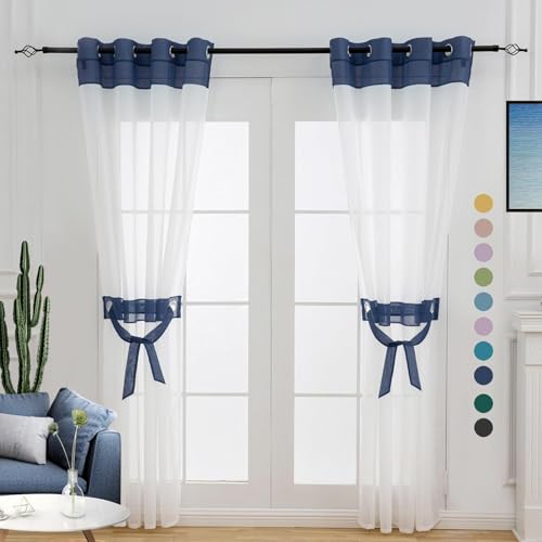 "L.Z.E Navy Blue Sheer Curtains 63 Inch Length 2 Panels Set for Living Room Short, White and Dark Blue Sheer Curtains for Bedroom Dining Room, Grommet Top See-Through Window Sheers (56"" W x 63"" L)"