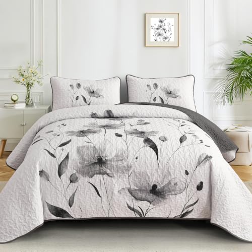 "Mybedsoul Floral Quilt Set King Size, 3 Pieces Grey Bedspread Coverlet Set, Lightweight Farmhouse Botanical Bedding Set for Fall Winter All Season(104""x90"")"