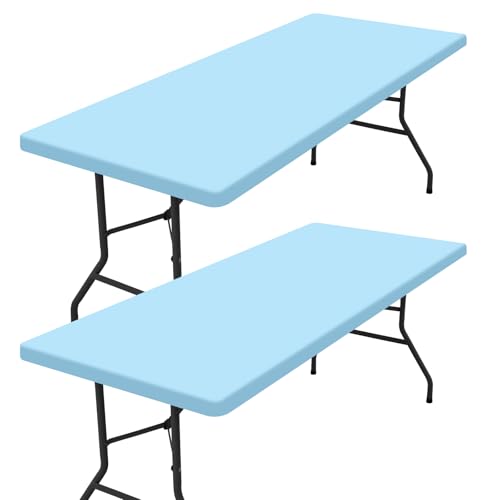 "homing 2 Pack Rectangle Table Cloth, Elastic Fitted Fabric Tablecloth Fits for 4 Foot Folding Tables, Washable Table Cover for Picnic, Camping, Indoor & Outdoor (Light Blue, 24"" x 48"")"