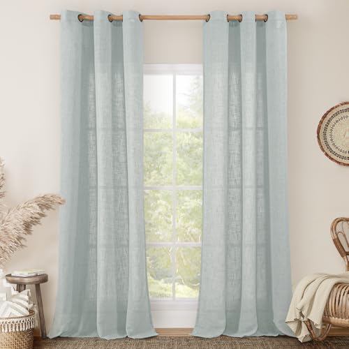LAMIT Blue Linen Curtains 84 Inch Length for Living Room, Semi Sheer Light Filtering Drapes Bronze Grommet Boho Burlap Panels for Bedroom/Farmhouse, 2 Panels, 34 x 84 Inch, Greyish Blue