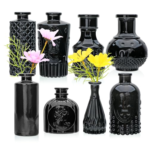 Brajttt Black Flower Vase Set, Glass Bud Vase in Bulk Set of 8,Artistic and Cultural Flavor Mini Vases for Home Office Decor, Bedroom, Office, Living Room Decorations,Wedding