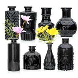 Brajttt Black Flower Vase Set, Glass Bud Vase in Bulk Set of 8,Artistic and Cultural Flavor Mini Vases for Home Office Decor, Bedroom, Office, Living Room Decorations,Wedding