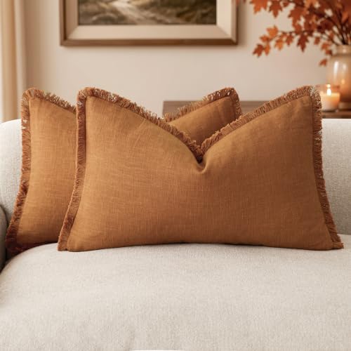 Foindtower Set of 2 Decorative Linen Fringe Lumbar Throw Pillow Covers Boho Farmhouse Cushion Cover with Tassels Soft Accent Pillowcase for Couch Sofa Bed Living Room Home Decor,12??20 Inch,Orange