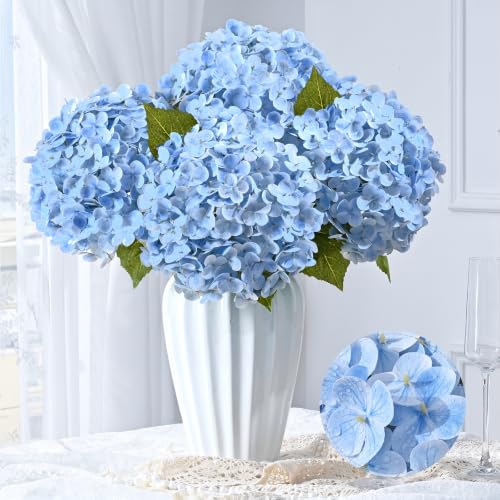 Livole 3 Pcs Hydrangea Artificial Flowers, Blue - 21 '' 252 Petals Lagre Fake Faux Hydrangeas Flowers for Party Wedding Bouquets Table Centerpieces Home Decor