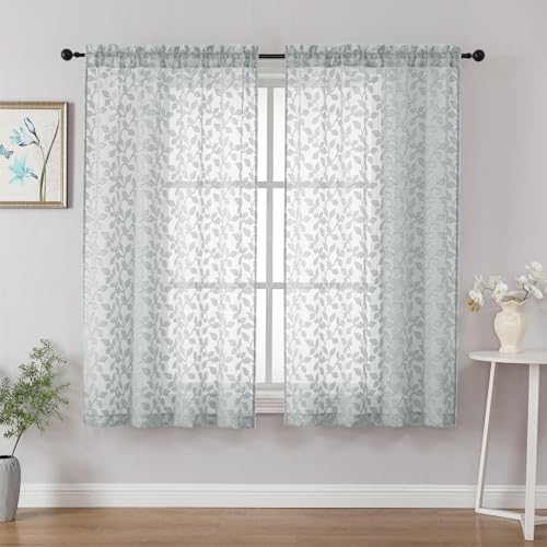 "Chyhomenyc Light Grey Sheer Curtains 54 Inch Length for Living Room 2 Panels Set, Light Filtering Tufted Textured Soft Airy Rod Pocket Leaf Window Treatment Drapes for Bedroom, 42"" Wx54 L, 2PCS"