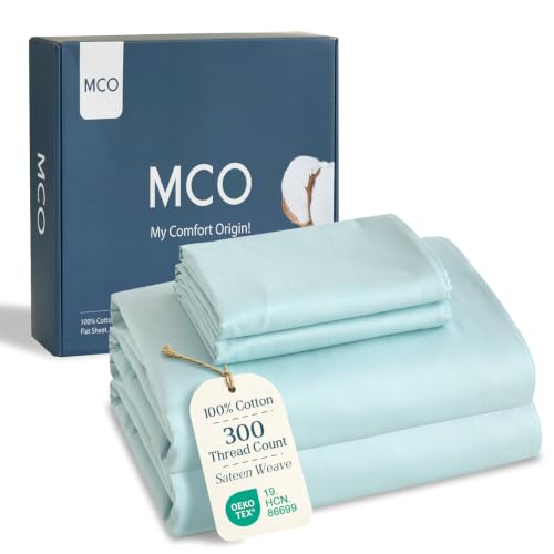 "MCO 100% Cotton Sheet Set, 300 Thread Count King Sheet Set Cotton, 16"" Deep Pocket, Breathable Cooling Sheets 4 Pieces (King, Blue)"