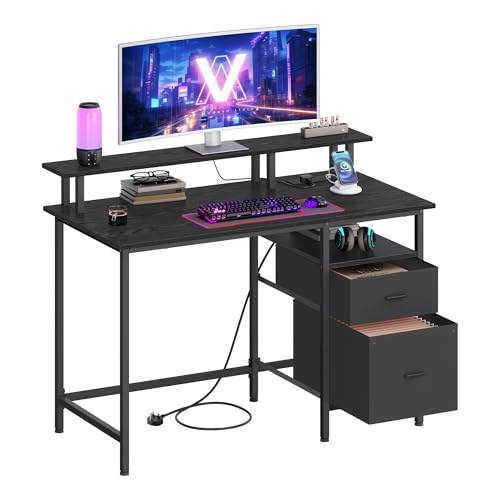 VASAGLE Gaming Desk with Power Strip, Computer Study Desk with Monitor Stand, Table with Storage, Fabric Drawers, 2 USB Ports, for Home Office, 120 x 60 cm, Ebony Black LWD093B02V1