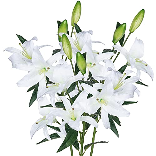 "Grand Verde Lily Artificial Flowers Bulk Bouquet 30"" Long Stems Boxes Blooming Silk Flower Heads Wedding Decoration Indoor Home Decor DIY Floral Crafts Table Centerpiece, 3pcs (White)"