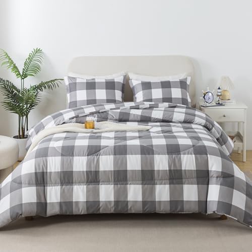 Caressma Plaid Comforter Set Twin, White Gray Buffalo Check Plaid Comforter Bedding Set for All Seasons, Farmhouse Classic Gingham Pattern Print Soft Microfiber Comforter 2 Pieces