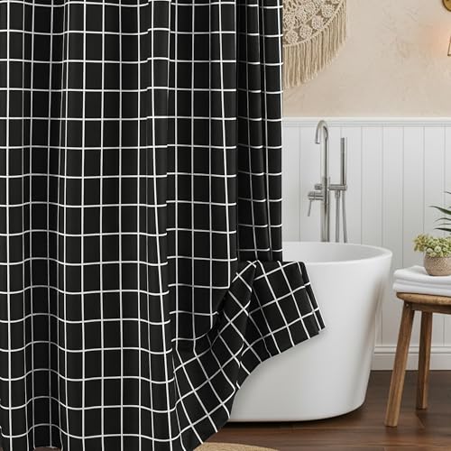 Biscaynebay Fabric Black Shower Curtain for Bathroom-Modern Farmhouse Faux Linen Textured Grid Plaid Shower Curtains, Minimalist Simple Geometric Neutral Decor Machine Washable-70x72 Inches