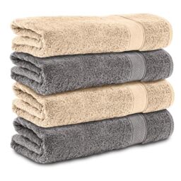 Komfortec Set of 4 Bath Towels 70 x 140 cm 100% Cotton 470 g/m² Terry Cloth Soft Anthracite Grey/Beige