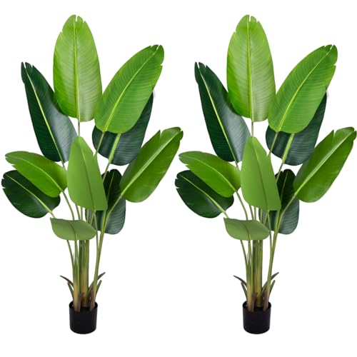 CETRD Artificial Bird of Paradise Plant 5.2Ft Fake Tropical Palm Tree with 10Trunks Faux Banana Leaf Trees in Pot for Home Indoor Outdoor Office Modern Decor Housewarming Gift???2Pcs???