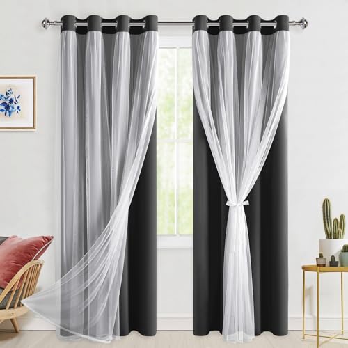 Hiasan Black Blackout Curtains with Sheer 84 Inches Long, Thermal Insulated Mix & Match Double Layer Room Darkening Curtains for Bedroom, Living Room, 2 Window Drape Panels with Tiebacks, 52W X 84L