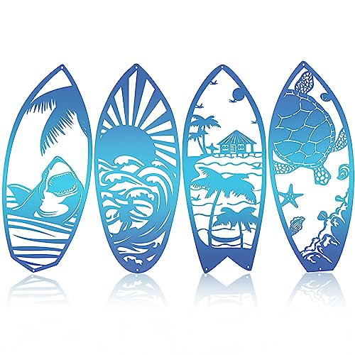 4Pcs Surf Board Metal Wall Art Decor Surfboard Shark Waves Beach Surfer Sea Turtle Signs Tropical Surfboard Palm Tree Decor Home Hanging Wall Art Wall Sculptures Decorations for Wall Door(Blue)