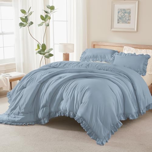 Andency Grayish Blue Queen Comforter Set, 3 Pcs Shabby Chic Bedding - Bed Set for Queen Bed, All Season Soft Lightweight Polyester Bed Set for Men Women