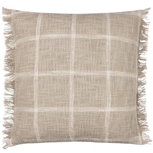 Yard furn Beni Polyester Filled Cushion – Woven Check Cotton with Double Fringed Trim (Stone/Natural – 45cm x 45cm)