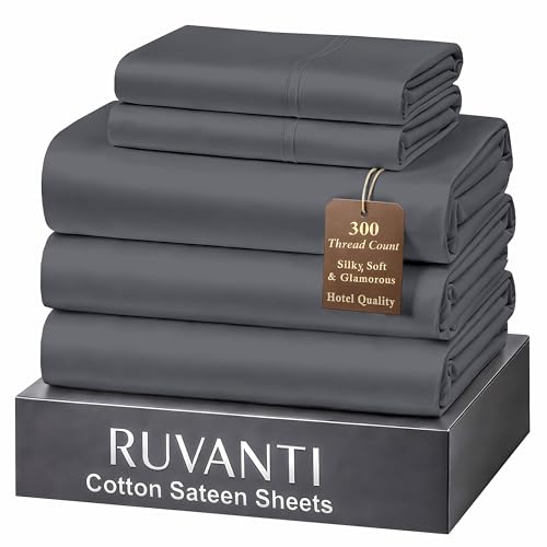 "Ruvanti 100% Cotton Sateen Sheets Split King Size, Charcoal - Split King Sheets 300 Thread Count 5 Piece Set, 16"" Deep Pocket, Cooling Bed Sheets For Hot Sleepers, Breathable & Durable"
