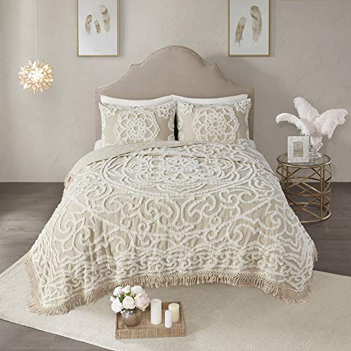 "Madison Park Shabby Chic Cozy All Season Bedspread Bed Set with Matching Shams, Cotton, Floral Taupe, King/Cal King(104""x92"")"