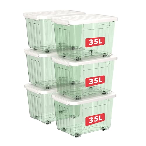 Cetomo 35L*6 Plastic Storage Boxes with Wheels, Lidded Storage Box with Secure Side Latches, PP Nestable and Stackable Clear Organizer for Home, Office, Moving, Transparent Green, 35L-6 Pack
