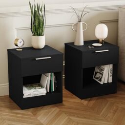 Vida Designs Trega 1 Drawer Bedside Cabinets Set of 2 Black - Compact Space-Saving Nightstands - 41H x 39W x 28D cm - Engineered Wood - Glide Drawers, Silver Handles - Ideal for Bedroom & Guest Room