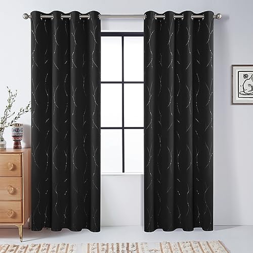 BUHUA Black Blackout Curtains for Living Room, Light Blocking Curtains, Thermal Insulated Curtains with Wave Dots and Line (38 x 84 Inch, Black, 2 Panels)