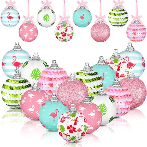 Zeyune 16 Pcs Tropical Summer Hanging Ball Ornament Summer Flamingo Hanging Ball Tropical Leaves Tree Decorations Palm Flamingos Ornaments for Holiday Party Favors