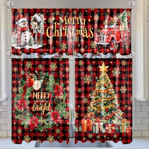 Breling 3 Pcs Buffalo Plaid Christmas Kitchen Curtains Valances and Tiers Set for Windows Merry Christmas Tree Wreath Decor Short Curtain Set for Bedroom Window Treatment Decor Party Favor Supplies