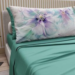 PETTI Artigiani Italiani - Cotton Sheets with Pillowcases in Digital Print, French Quarter, Complete Top and Bottom Sheet with Corners, Floral 04 159 Teal, 100% Made in Italy