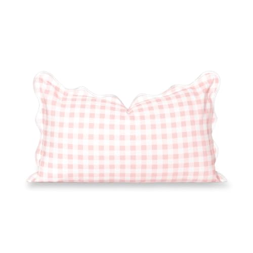 "Hofdeco Premium Grandmillennial Patio Indoor Outdoor Lumbar Pillow Cover Only, 12""x20"" Water Repellent for Backyard, Couch, Poolside, Blush Pink Print Gingham"